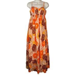 UO Athena Gauze Maxi Dress Floral Print in Orange, Yellow, Brown Women's Medium